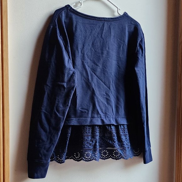 J. Crew Navy Eyelet Lace Trimmed Scoop Neck Sweatshirt Size Medium - Picture 10 of 12